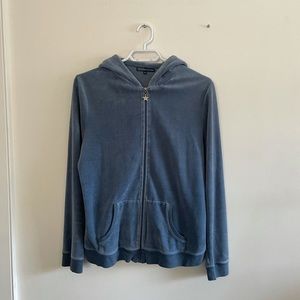 Dusty Blue Velvet Zip-Up Hooded Sweater